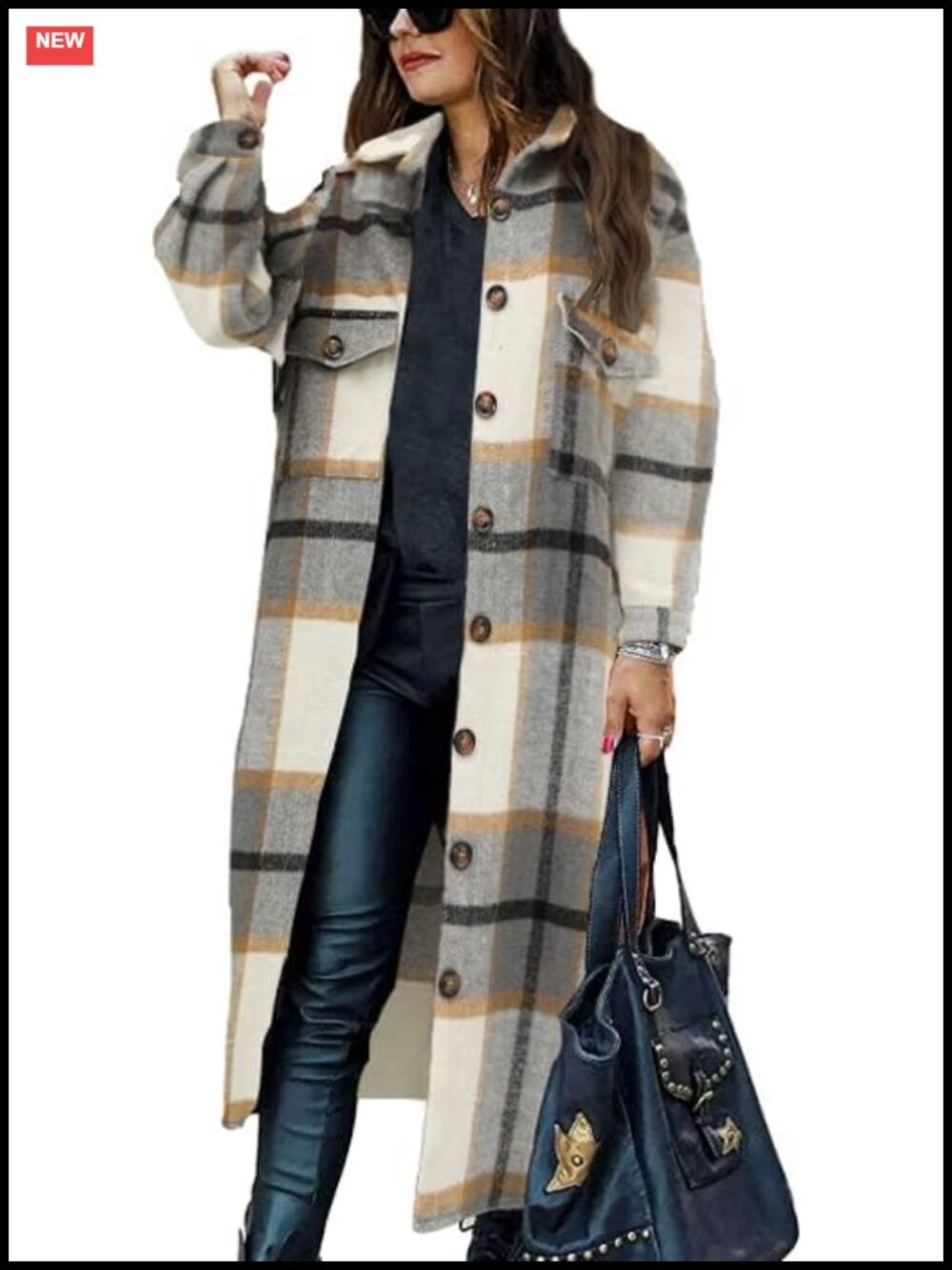 Oversized Long Plaid Shacket Jacket Button Down Tartan Coat